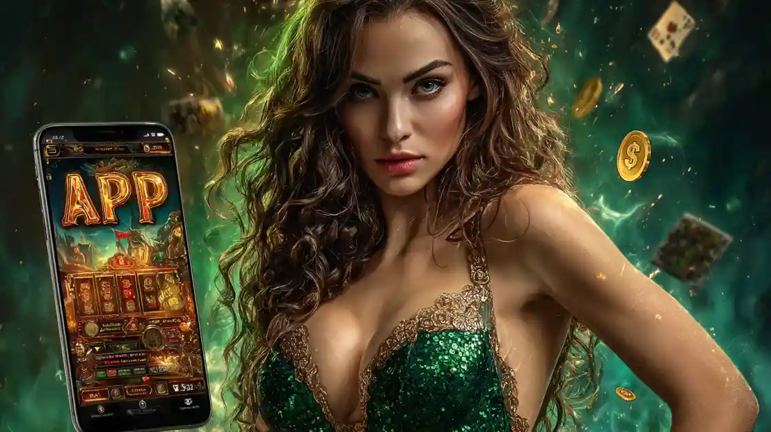 Mulher misteriosa segurando smartphone com app de cassino PIb777 mostrando slots e cartas em ambiente verde luxuoso