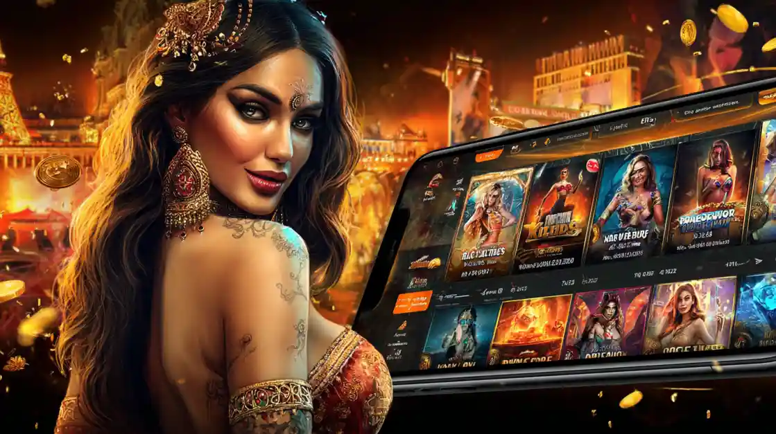 Mulher oriental com joias tradicionais e tablet mostrando jogos de cassino PIb777 em cenário dourado luxuoso