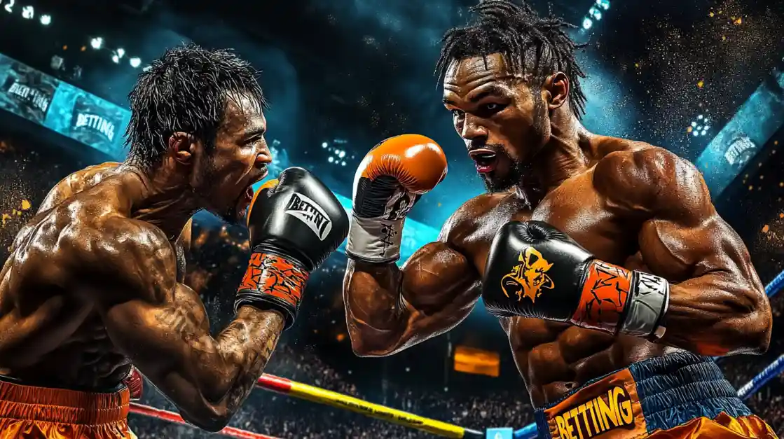 Dois lutadores de boxe musculosos com luvas laranja em combate intenso no ringue para apostas esportivas PIb777