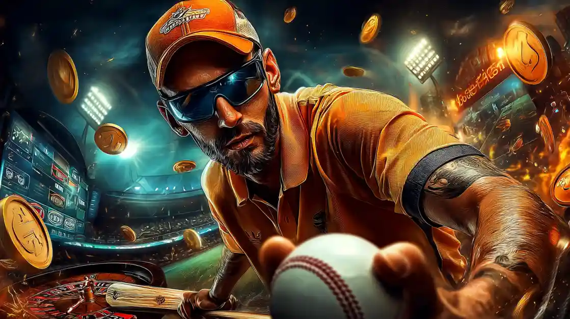Jogador de críquete barbudo com boné laranja segurando bola de críquete com moedas douradas voando no estádio PIb777