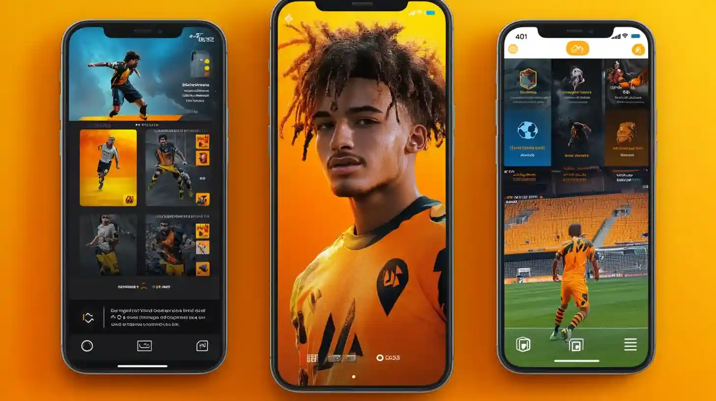 Três smartphones mostrando aplicativo de apostas esportivas PIb777 com jogadores de futebol e interfaces diferentes
