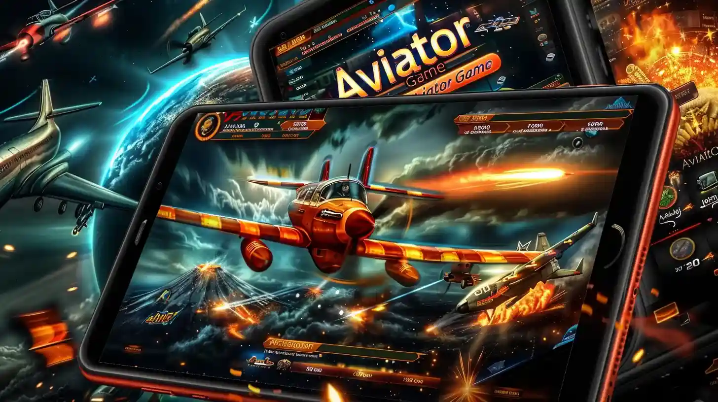 Múltiplos smartphones exibindo jogo Aviator com aviões de combate em batalha aérea épica no PIb777