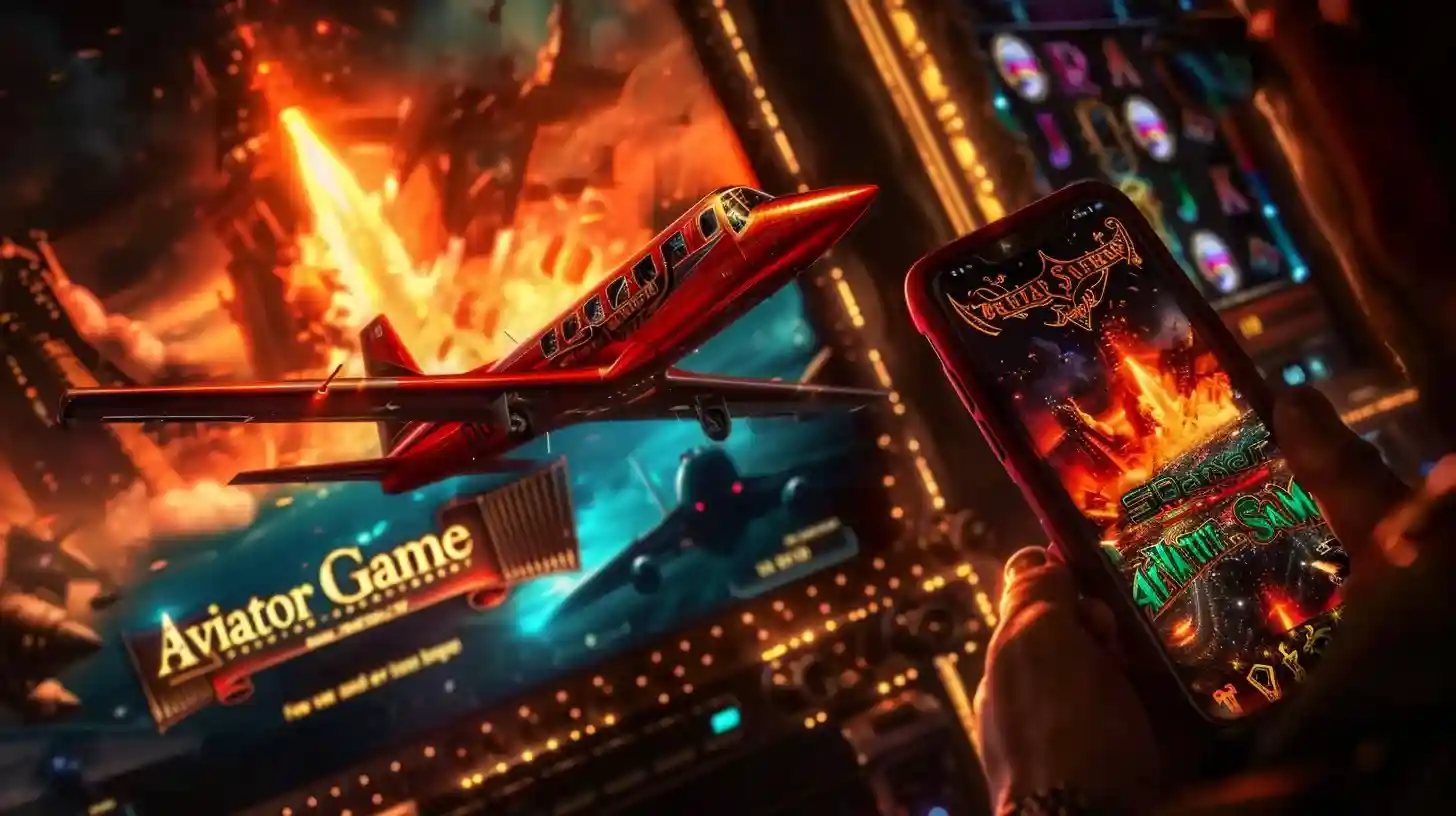 Avião vermelho voando com smartphone mostrando jogo Aviator em cenário futurista no cassino PIb777