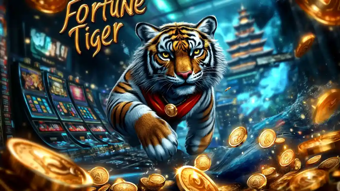 Tigre majestoso correndo entre caça-níqueis com moedas douradas voando no jogo Fortune Tiger do PIb777