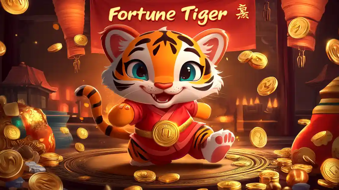 Tigre fofo em estilo cartoon com roupas vermelhas tradicionais asiáticas cercado de moedas no PIb777