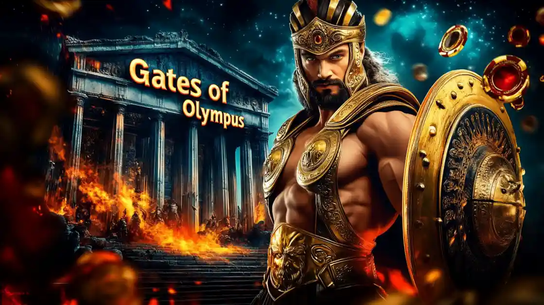 Guerreiro grego musculoso com armadura dourada e escudo em frente ao templo Gates of Olympus no PIb777
