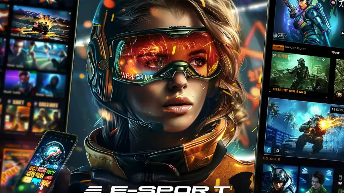 Gamer feminina futurista com headset tecnológico cercada por telas de esports e jogos competitivos PIb777