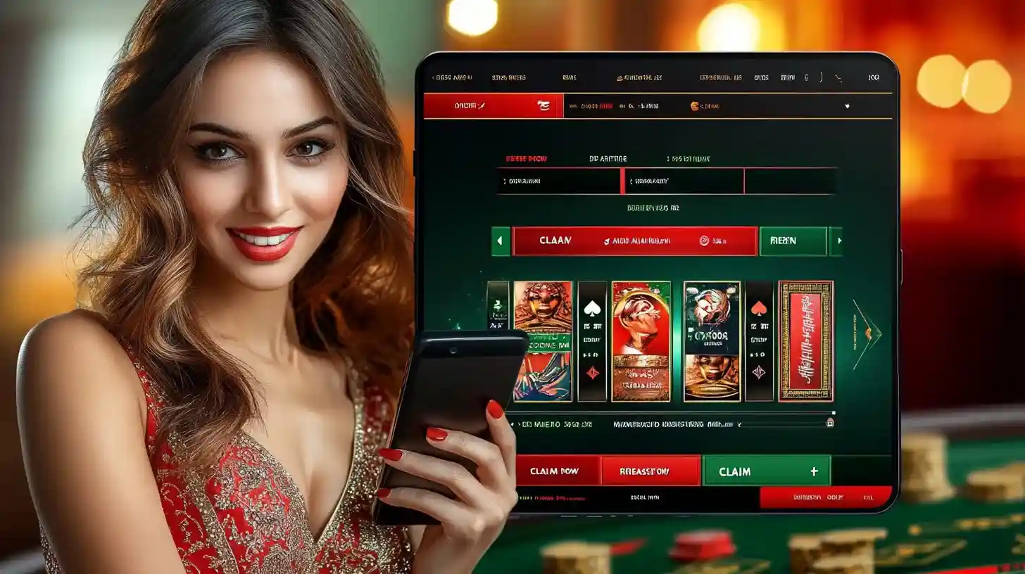 Mulher sorridente em vestido vermelho dourado segurando tablet com interface de cassino online PIb777