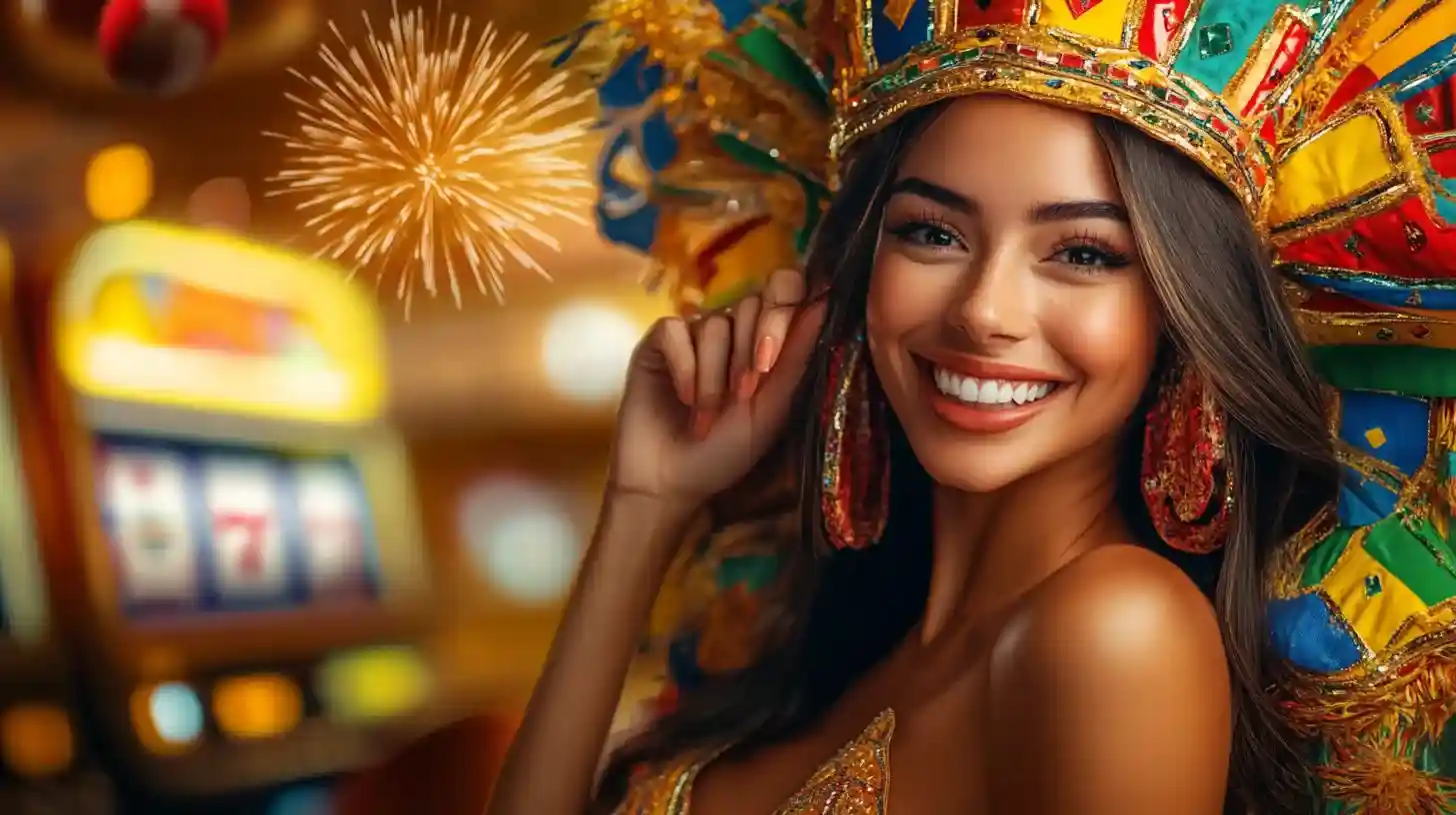 Mulher sorridente com fantasia de carnaval brasileira e coroa dourada celebrando vitórias no cassino PIb777 com caça-níqueis