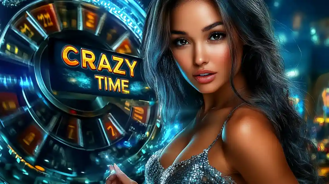 Mulher elegante em vestido prateado com joia perto da roda do Crazy Time no cassino PIb777 com luzes azuis brilhantes
