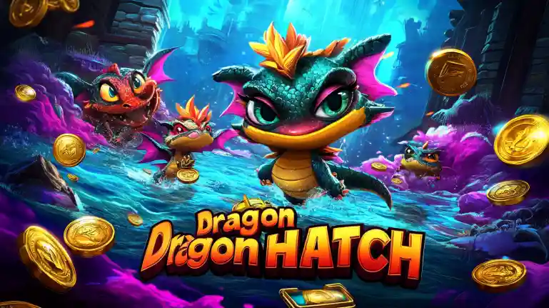 Dragões coloridos nadando em cenário aquático com moedas douradas no jogo Dragon Hatch do cassino PIb777