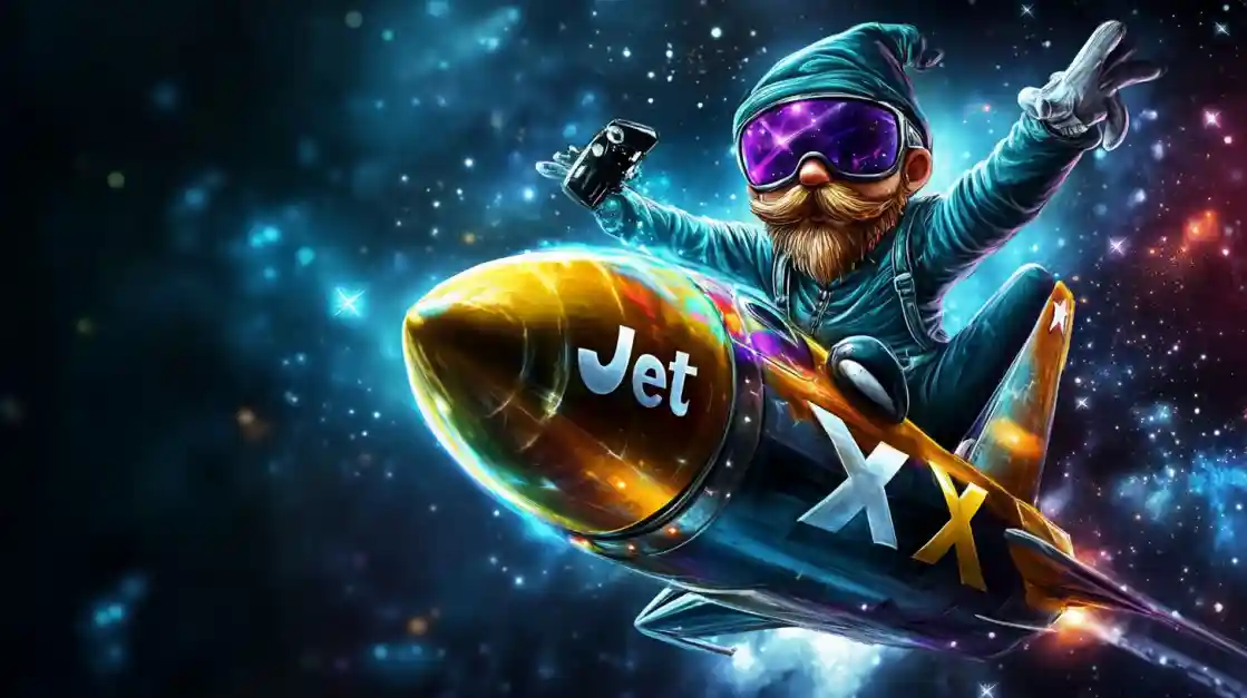Astronauta espacial com óculos voando em foguete dourado com logo Jet no espaço estrelado do PIb777