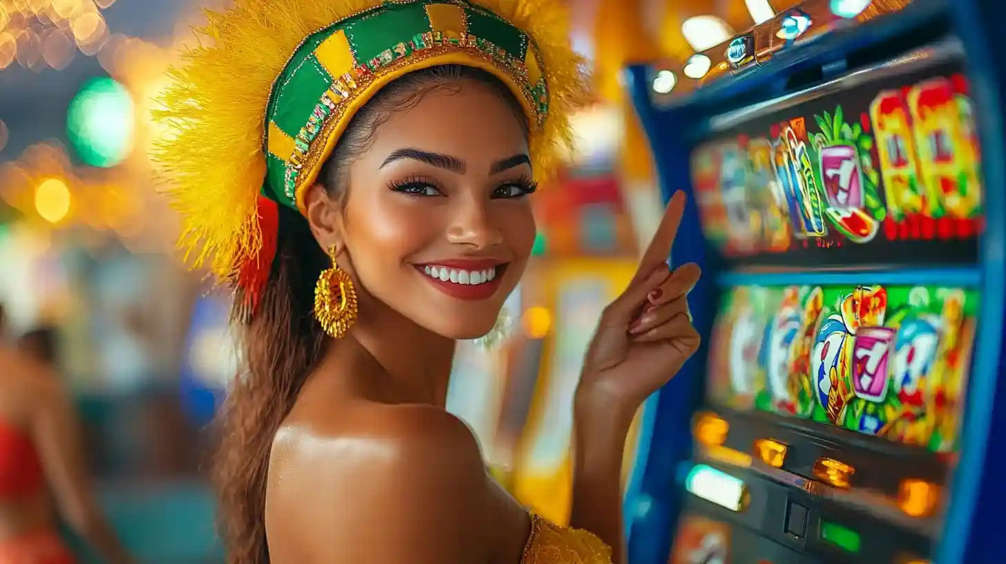 Mulher brasileira com fantasia de carnaval colorida apontando para caça-níqueis do cassino PIb777 com luzes festivas