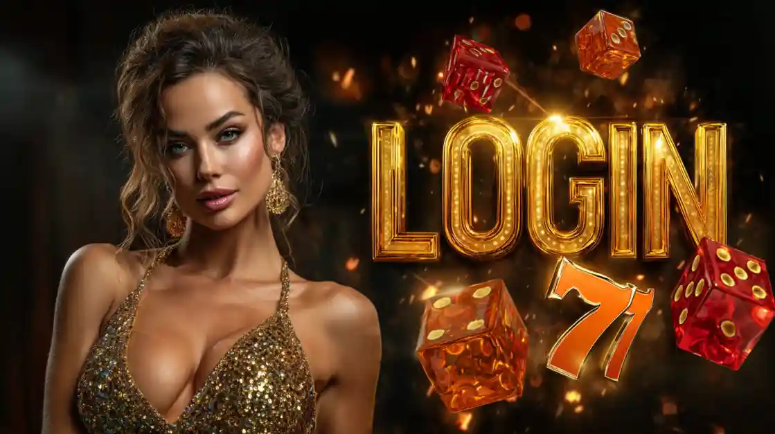 Mulher elegante com brincos dourados e dados vermelhos flutuando com texto LOGIN dourado no cassino PIb777