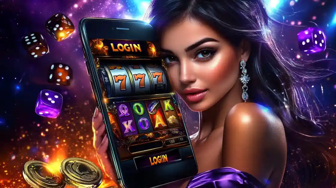 Mulher sofisticada com diamantes segurando smartphone com slot 777 e login móvel do cassino PIb777